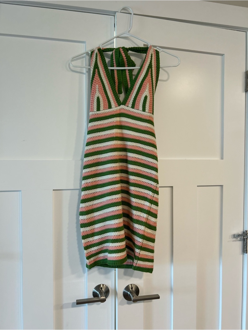 Striped Crochet Halter Mini Dress in Green, Pink & White NWT